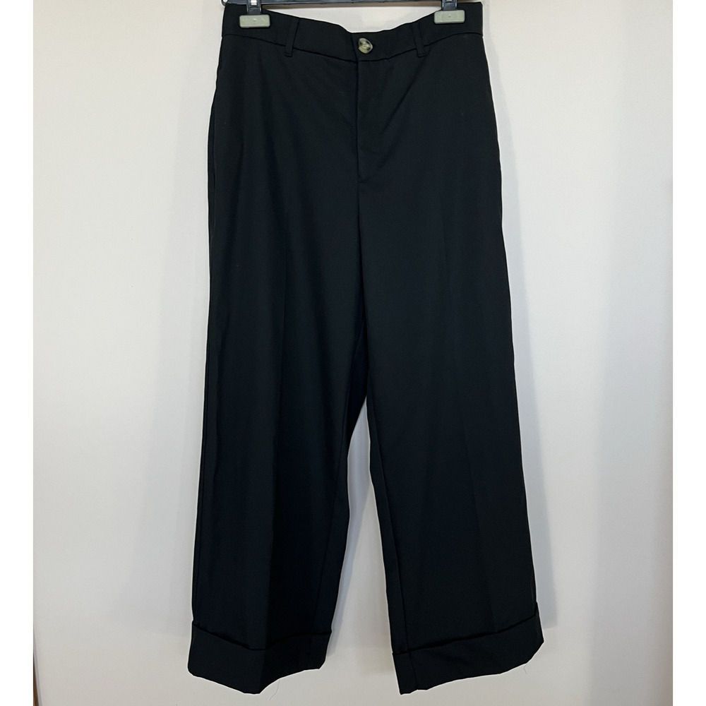 Zara Wide Leg Cropped Cuffed Trousers Pants Black Size L
